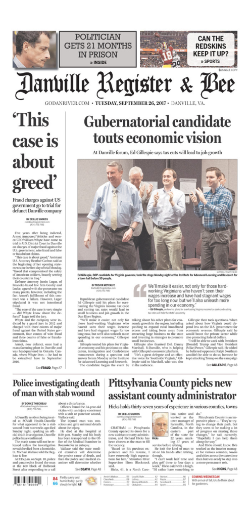 IN THE NEWS: Danville Register & Bee: At Danville forum, Gillespie says tax cuts will lead to job growth